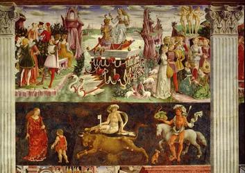 Triumph der Venus und Zeichen des Stiers, Szenen aus dem Monat April, ca. 1470, Ostwand, Saal der Monate, Palazzo Schifanoia (Palast der Freude), Ferrara, Emi